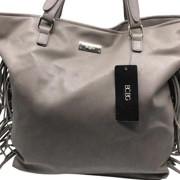 BCBG Handbags - BCBG Fringe Tote Gray Faux Leather Shoulder Bag